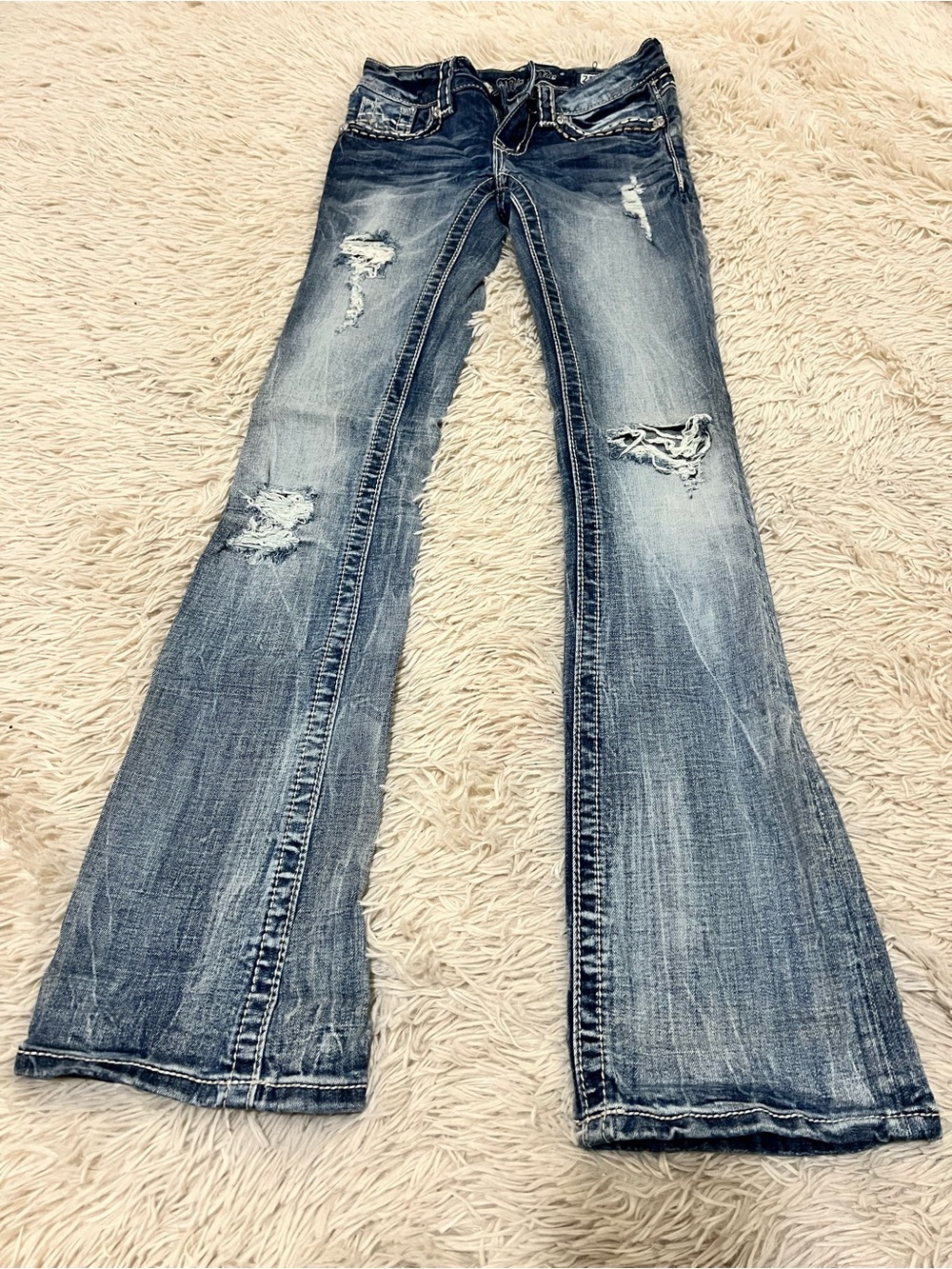Miss Me Distressed Flare Jeans - Blue